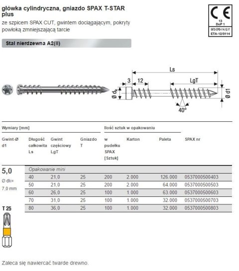 WKRĘT TARASOWY A2 (200) TX 5.0*40MM SPAX-D