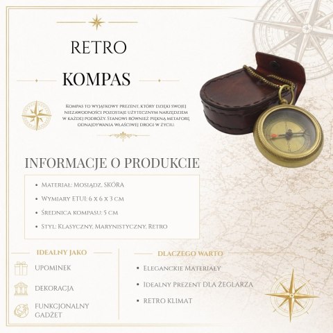 Stylowy Kompas Mosiężny z Łańcuszkiem w Skórzanym Etui - COM-0470A