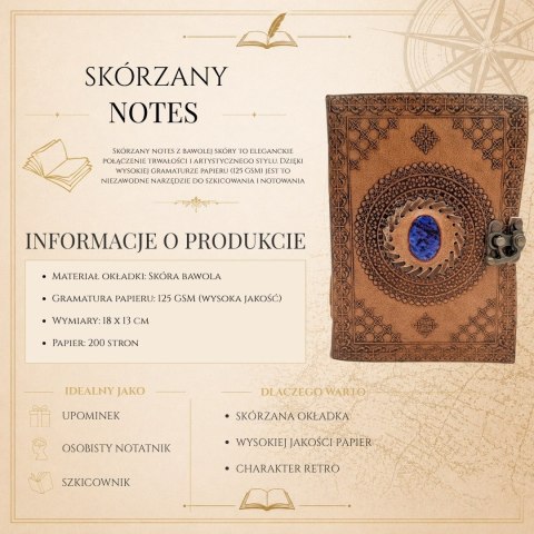 Notes Skórzany Retro z Kamieniem - Skóra Bawola - AH16