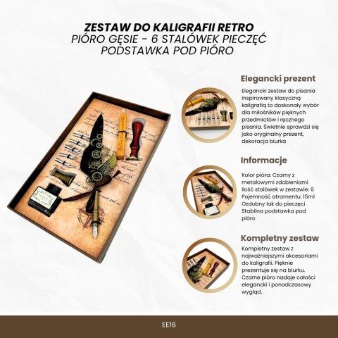 Zestaw do Kaligrafii Premium Pióro Gęsie - 6 stalówek Pieczęć Podstawka pod Pióro - EE16
