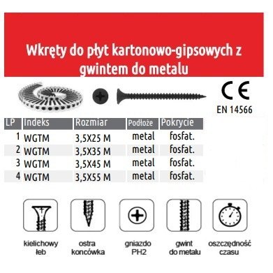 WKRĘTY NA TAŚMIE 3.5*25MM PŁYTA GK-PROFIL METAL/FOSFAT/PH2